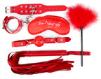 КОМПЛЕКТ (наручники, маска, кляп, плеть, щекоталка с пухом) цвет красный, PVC, текстиль NTB-80332